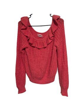 Anthropologie Ruffle Sweater Size Medium Wool Blend Coral Coquette Romantic